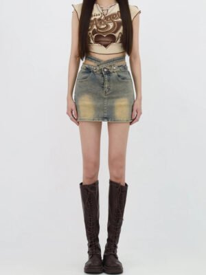 Grunge Double Belt Loop Denim Mini Skirt